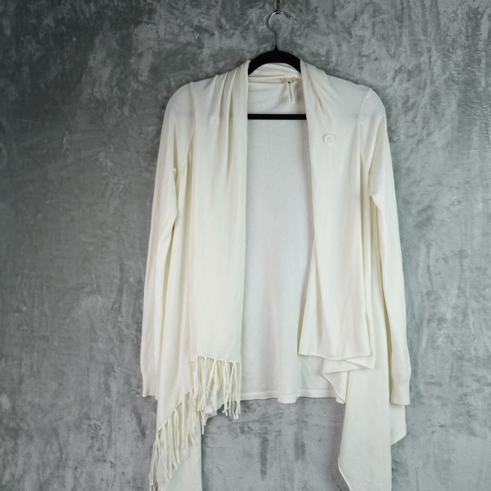 The Impeccable Pig Cardigan Women Small Cream Fringe Draped Open Front Knit